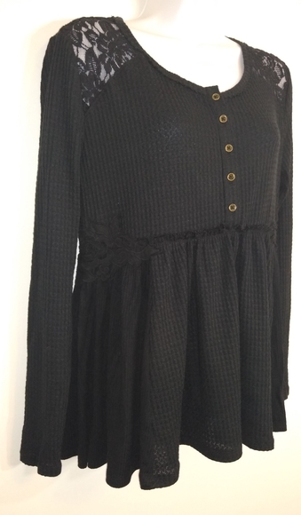Knox Rose Black Waffle peplum Blouse Lace sz XS - Picture 2 of 5